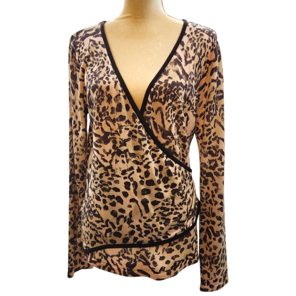 St. John Collection Surplice Style Cashmere Blend Leopard Print Knit Top Large
